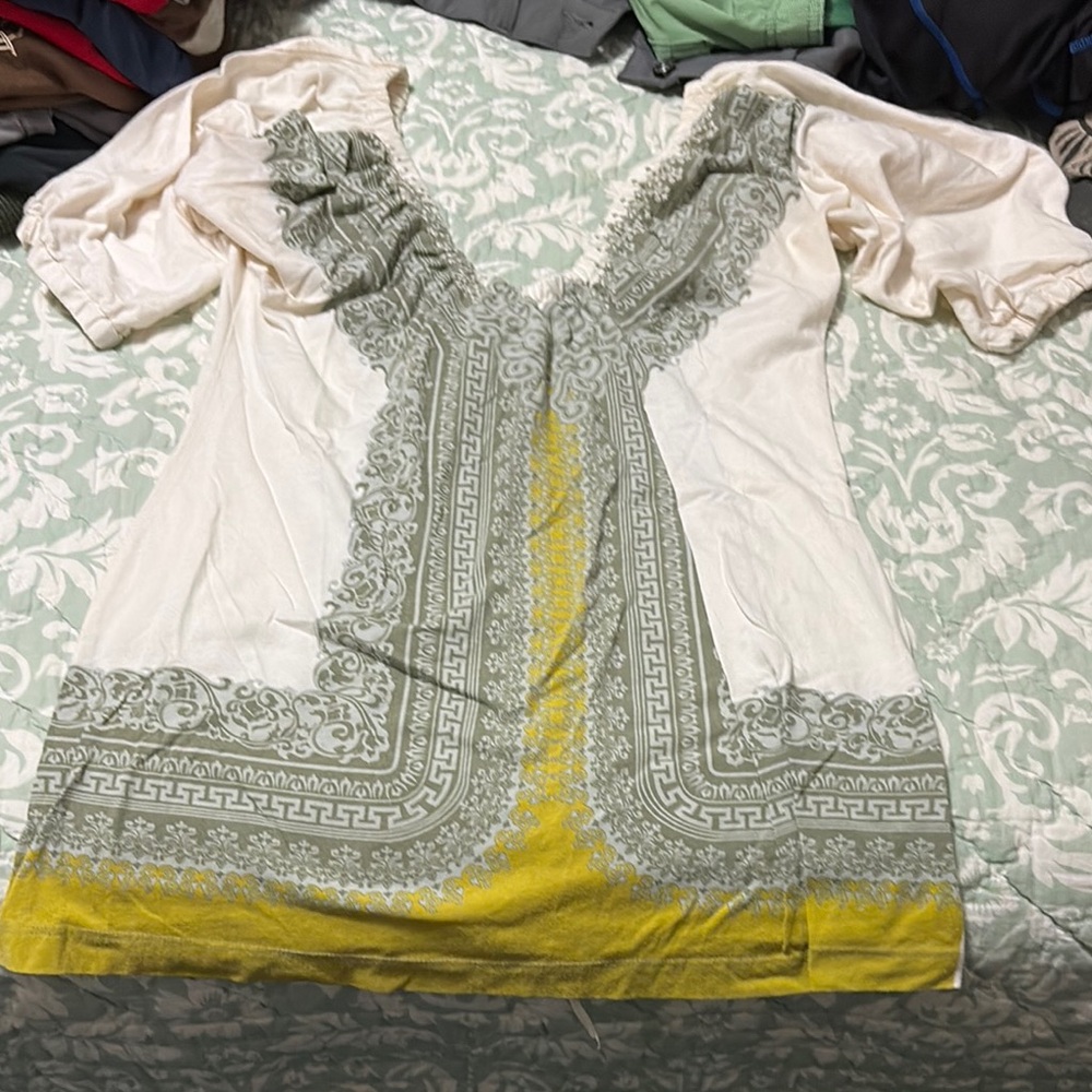 Free People Yellow and Cream Graphic Blouse